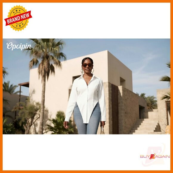 Long Sleeve V Neck Button Down Tunic Top with Slit Hem - Picture 8 of 8